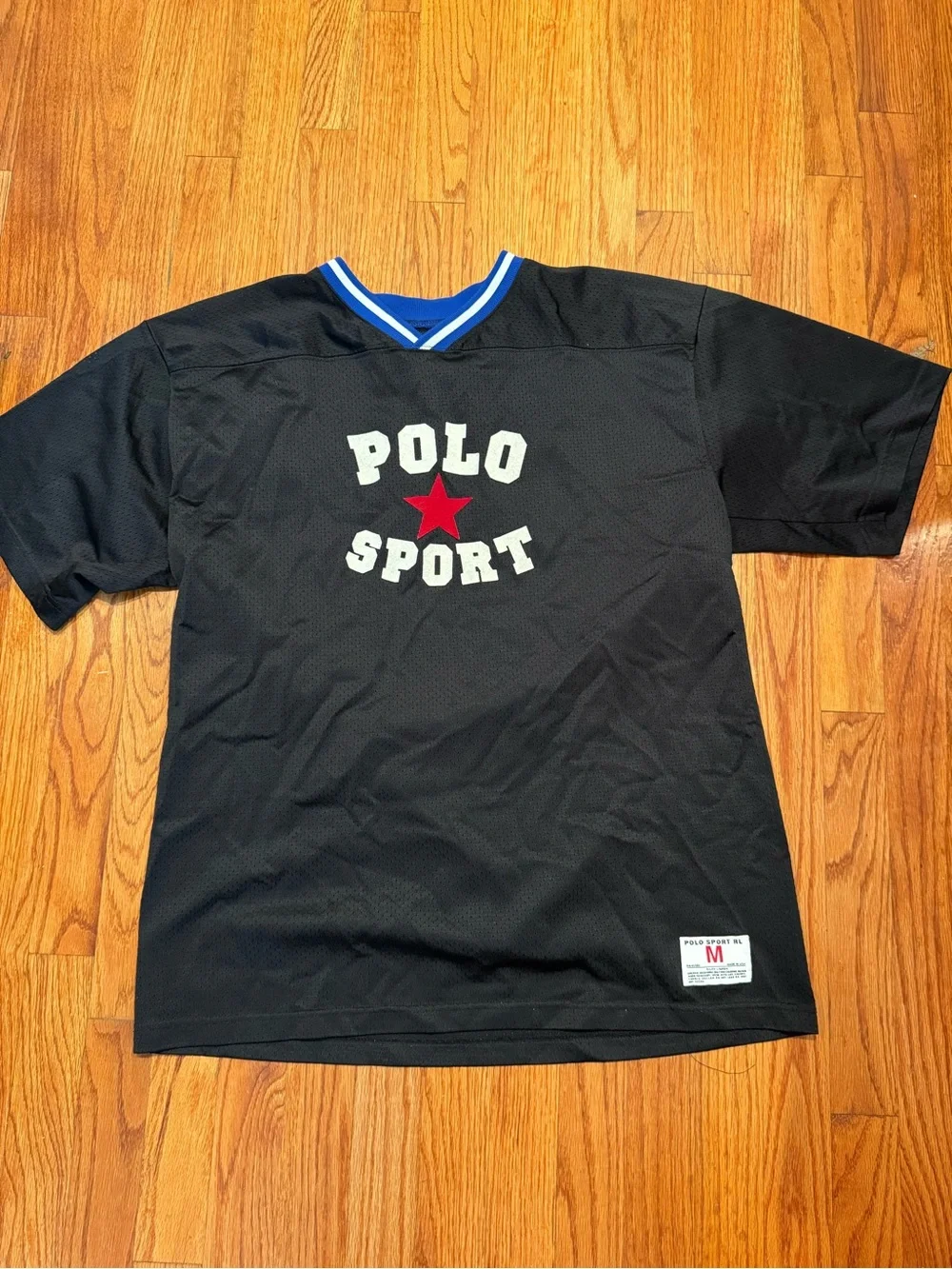Vintage Polo Sport Ralph Lauren Mesh Jersey Black Blue V-Neck Shirt Mens Medium